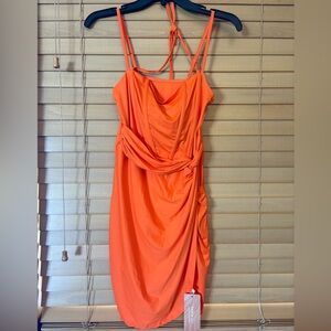 SHEIN NWTBright Orange Asymmetrical Strappy Dress, underneath linings. Size M, 6